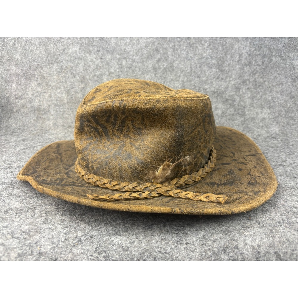 Hatquarters USA Cowboy Hat Mens Small Brown Leather Braided Band Feather Accent